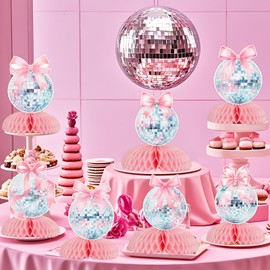 Pink Bow and Disco Ball Birthday Decorations Bows Disco Ball Honeycomb Centerpieces Discos Birthday Party Table Decor for 70s 80s Birthday Party Baby Shower Bachelorette Bridal Shower Supplies