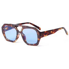 VIA LEECA Retro Hexagonal Aviator Sunglasses Women Trendy Designer Inspired Double Bridge Square Thick Frame UV400 Protection Sun Glasses Shades Tortoise Frame Blue Lens