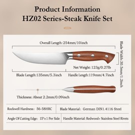 HEZHEN 5.3 Inch Steak Knives, Non Serrated Steak Knife Set of 4, German Steel Steak Knife Set,Professional Straight Sharp Edge Knives - Full Tang Ergonomic Handle