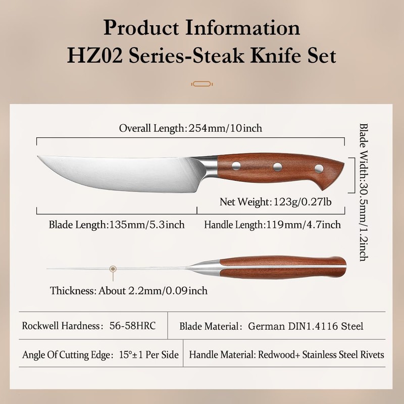 HEZHEN 5.3 Inch Steak Knives, Non Serrated Steak Knife Set