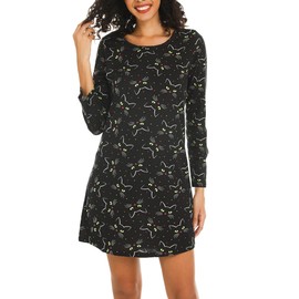 ENJOYNIGHT Women's Long Sleeve Nightgown Cotton Nightshirts Casual Sleepwear Print Tshirt Sleep Dress(2X-Large,Black Cat)
