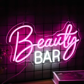 Noasktt Beauty Bar Neon Sign, Pink Light Up Neon Lights For Wall Decor, Girls Makeup Room Bedroom Decor - Energize Your Space With Magical Ambiance（16.5 X 9 inch）