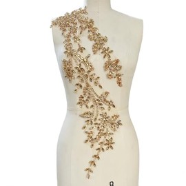 PLune Handmade Shining Acrylic Rhinestones on lace Applique Sewing Beads Stones Trim Patches Accessories for Wedding Dress (Champagne Right)