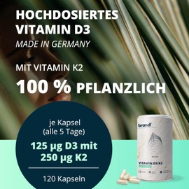 Vitamin D3 K2 Vegan mit 5.000 IU D3 und 250μg K2 | 120 D3 K2 Kapseln hochdosiert Made in Germany