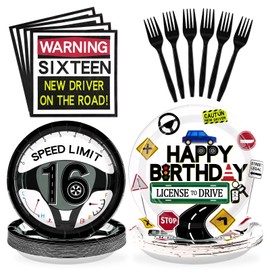 Grencian 96Pcs Drivers License 16th Birthday Party Decorations for Boys New Driver Car Road 16th Birthday Plates and Napkins Tableware Sets for Learner Driver 16 Years Old Party Favors Serves 24