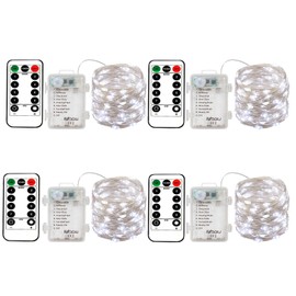 4 x Fairy Lights Battery Operated, Silver Wire Chains 8 Mode 5M 50 LEDs Timer String Lights with Remote Control for Bedroom Christmas Party Wedding Decoration