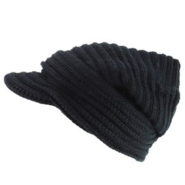 Armycrew Rasta Cable Knit Slouch Winter Visored Beanie Hat - Black