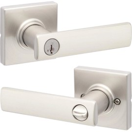 Kwikset Breton 405 Entry Door Handle with Lock and Key, 1 Pack, Brushed Nickel