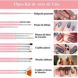 Kit de Herramientas para DIY Decoración de Uñas - Conjunto de Arte de Uñas con Mini 6W LED Lámpara Uñas UV | 15 Pinceles de Pintura | 5 Herramientas d