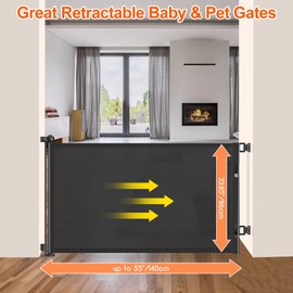55 inch Retractable Baby Gates, EZIGO Extra Wide Baby Gate for Large Opening Extra Long Mesh Gate for Kids or Pet Dog Gate Child Safety Gate for Stairs Hallways Doorway Indoor Outdoor, Black