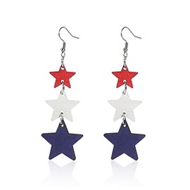 Independence Day 4th of July Patriotic Wooden Dangle Earrings for Women Red White and Blue Wooden Heart Star Gnome Earrings American Water Drop Earrings Independence Day Holiday Earrings-Star