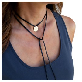 Dervivea Boho Long Suede Necklace Black Velvet Wrap Necklace Rope Coin Pendant Necklace Choker Vintage Cord Choker Necklace Jewellery for Women and Girls