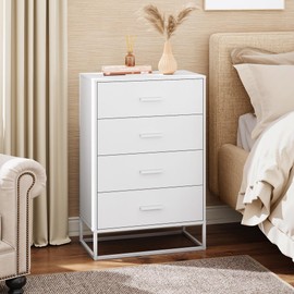 WLIVE White Wood Dresser for Bedroom with 4 Drawers, Tall Chest of Drawers with Sturdy Metal Frame for Living Room, Hallway, Closet
