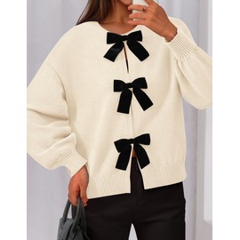 PRETTYGARDEN Cardigan Sweaters for Women 2025 Fall Bow Tie Front Long Sleeve Knit Sweater Tops Cute Going Out Outfits (Beige,Medium)