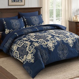 Mybedsoul 7 Pieces Blue Gold Comforter Set King Size, Damask Bed in a Bag for King Bed, Lightweight Microfiber Boho Bedding Sets with Comforter, Sheet, Pillowcases & Shams for All Season(90"x104")