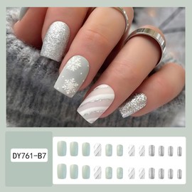 Christmas Snowflake Press on Nails Short Square Fake Nails with Silver Glitter Full Cover Designs Stripes False Nails Xmas Winter Glue on Nails Sparkling Artificial Stick on Nails for Women Girl 24Pcs