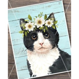 Handmade 8x10 Cotton Canvas Black White Cat Flowers Print Wall Hanging