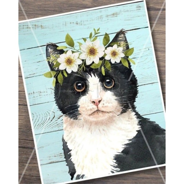 Handmade 8x10 Cotton Canvas Black White Cat Flowers Print Wall