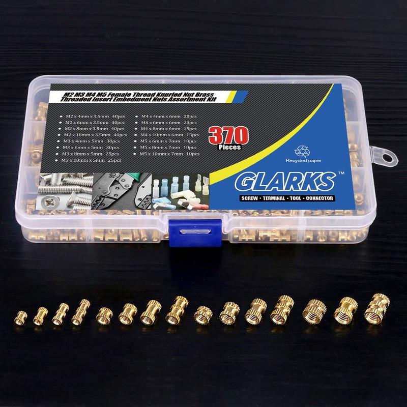 Glarks 370Pcs M2 M3 M4 M5 Female Thread Knurled Brass