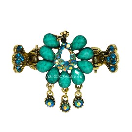 Beautiful Vintage Look Peacock Hair Clip Metal Rhinestone Acrylic Hair Clip Green Turquoise Gold 8171