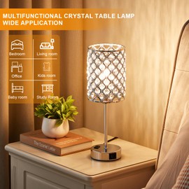 Table Lamps for Bedroom Set of 2-Crystal Table Lamp with USB C+A Ports & AC Outlet Sliver Nightstand Touch Lamp with 3-Way Dimmable Bedside Side Desk Lamp for Living/Bedroom (LED Bulb Included)