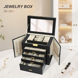 V-LAFUYLIFE Jewelry Box for Women, 5-Layer Jewelry Organizers Box, Large Jewelry Storage Box for Girls, Jewelry Holder Organizers Gift for Valentine's Day, Christmas, New Year (Black)