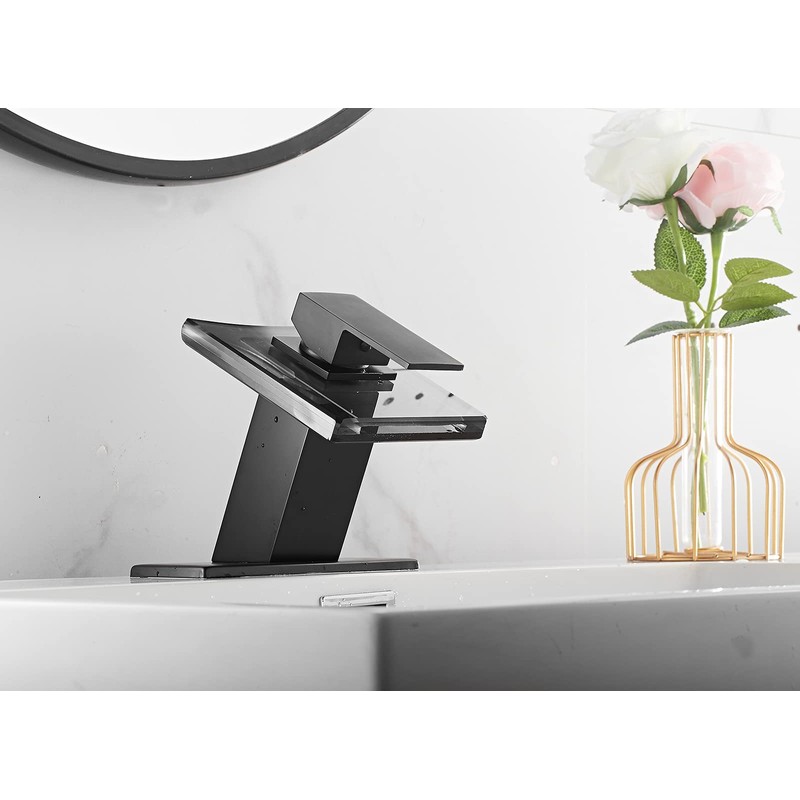Black Bathroom Sink Faucet LED Light 3 Colors Changing Waterfall