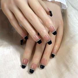 Pure Handmade Nails Press on Nail Reusable Fake Nails Black French Medium Stick on Nails French Tip False Nails 10pcs (S, Q060)