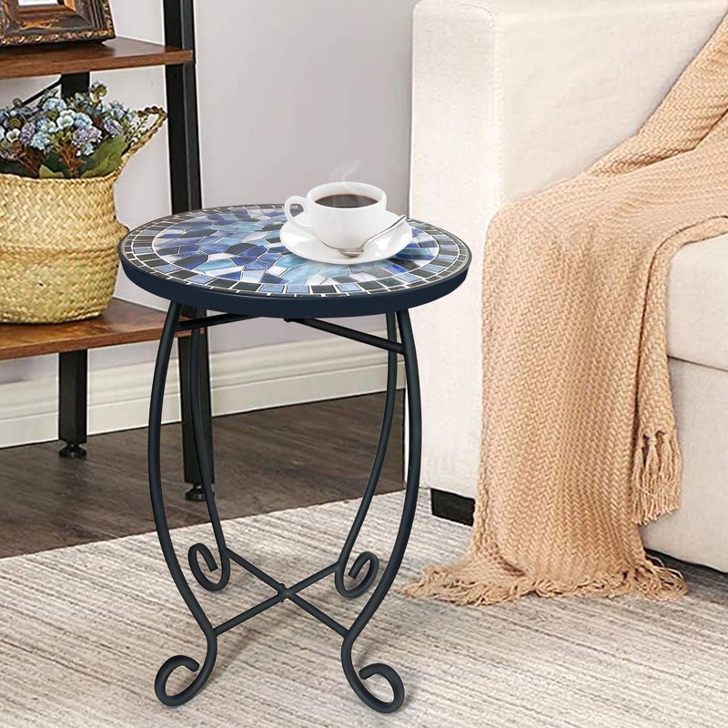 LIFFY Outdoor Side Table,12" Round Ceramic Tile Tabletop Accent Table