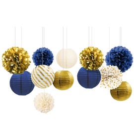 NICROLANDEE Navy Blue Gold Decorations, Pack of 12 Hanging Paper Lanterns, Tissue Paper Pompoms Decoration for Class 2024 Prom, New Year, Baby Shower Decoration, Birthday Decoration