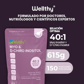 Wellthy Myo & D-Chiro Inositol 615g 150 Porciones. Mezcla Óptima 40:1, 4000mg Myo y 100mg D-Chiro, 100% Natural, Gluten Free, Sugar Free, Vegan, Botll