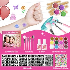 Kit De Tatuaje Con Purpurina Temporal De 12 Colores Para Niños, Con 92 Plantillas, 2 Pegatinas De Diamante, 4 Pegamentos Y 5 Pinceles, Kit De Maquillaje Con Purpurina Para Adu