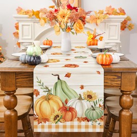 Bonhause Fall Pumpkins Maple Leaves Table Runner 13x72 Inch Orange Buffalo Plaid Autumn Thanksgiving Kitchen Dinning Table Decoration for Indoor Outdoor Home Party Decor