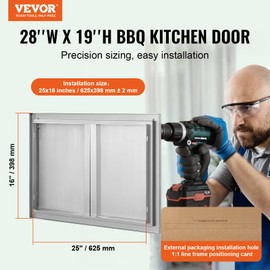 VEVOR Double Outdoor BBQ Kitchen Door, 28" W x 19" H Inch, Stainless Steel Flush Mount Vertical Door with Recessed Handles for Grilling Station