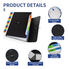 Expanding File Folder, 13 Pockets Accordion File Organizer, A4 Letter Size Paper Document Receipt Organizer Accordian Filing Folder for Classroom, Home, Office and Travel