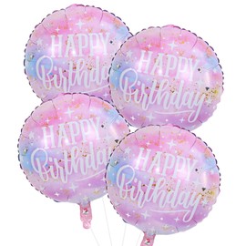 18 Inch Happy Birthday Foil Balloons, 4Pcs Pastel Pink Purple Blue Cloud Helium Mylar Round Birthday Balloons with Stars for Teen Girl Women Outer Space Starry Galaxy Baby Shower Party Decorations