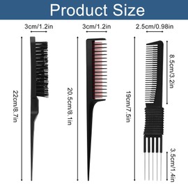 Nogeqi 6 Pieces Teasing Comb for Women Teasing Brush Rat Tail Comb with Metal Pick for Parting Styling Three Row Teaser Brush Set for Fine Hair Stylist