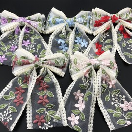 5PCS Lace Hair Bows with Embroidered Flowers,Bowknots, Barrettes, and Hair Clips with Long Tails for Women