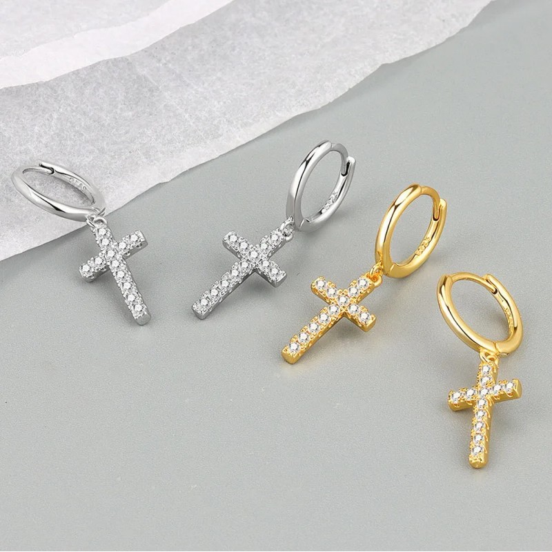Aretes de plata cruz para mujer con caja de regalo