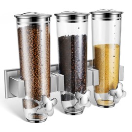 Umigy 1 Pcs Candy Dispenser Wall Mounted, Triple Dry Cereal Dispenser Grain Dispenser Machine Wall Mount, Food Storage Container for Pantry Snack Dispenser with 3 Cup for Kitchen, 39 oz (Silver)