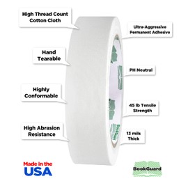 BookGuard 25mm 1 Inch Premium Cloth Bookbinding Repair Tape, 13.7 Meter Roll, White
