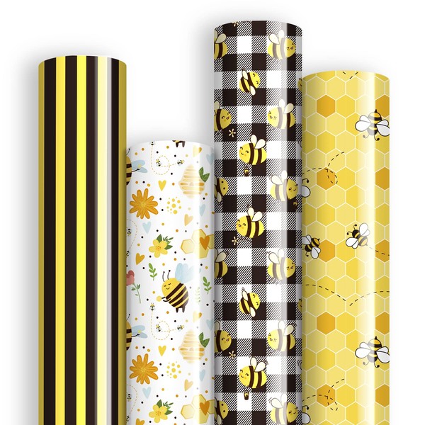 Whaline 12 Sheets Bee Wrapping Paper Baby Shower Bumblebee Honeycomb Plaids Stripes Flat 19.7 x 27.6 Inch for Summer Birthday Party Favor