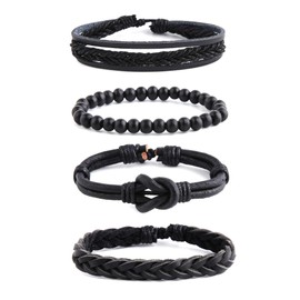 OMAI Mix 4 Wrap Bracelets Men Women, Hemp Cords Wood Beads Ethnic Tribal Bracelets, Leather Wristbands (K)