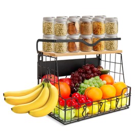 Livabber Magnetic Fridge Organizer Basket with Wood Shelf, Large Fruit Vegetable Storage Bin, Spices Snacks Condiments Rack for Kitchen Pantry, Laundry Room, Office, Magnetic or Wall Mount (Black)