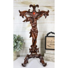 Faux Mahogany Wood Finish Large Jesus Christ Crucifix With Stand Statue 23"Tall