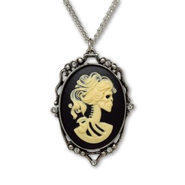 Real Metal Gothic Lolita Cameo Ivory on Black with Crystals Pewter Pendant Necklace