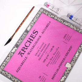 Arches Watercolor Block 9x12-inch Natural White 100% Cotton Paper - 20 Sheets of 140 lb Arches Hot Press Watercolor Paper - Arches Art Paper for Watercolor Gouache Ink Acrylic and More