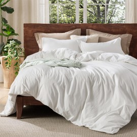 Bedsure 100% Washed Cotton Duvet Cover Queen Size - Natural White Minimalist Duvet Cover for All Seasons - GentleSoft™ Plain Simple Cotton Bedding Set with 2 Pillow Shams (White, Queen, 90"x90")