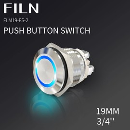 FILN Moment Push Button 19 mm IP67 Stainless Steel Waterproof 16 A 12-24 V AC/DC Screw Terminals with White LED Industrial-Safe Button for Electrical Devices and Machine Control