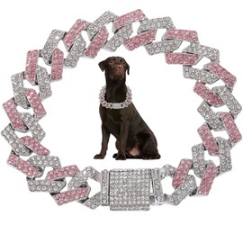 Pink Dog Chain Necklace,Cuban Link Dog Collar Bling Cats Necklace Metal Crystal Sparkly Diamond Rhinestone Puppy Chain Collars for Small Medium Large Pets Gilrs Female Boys,Silver Pink 12 inch
